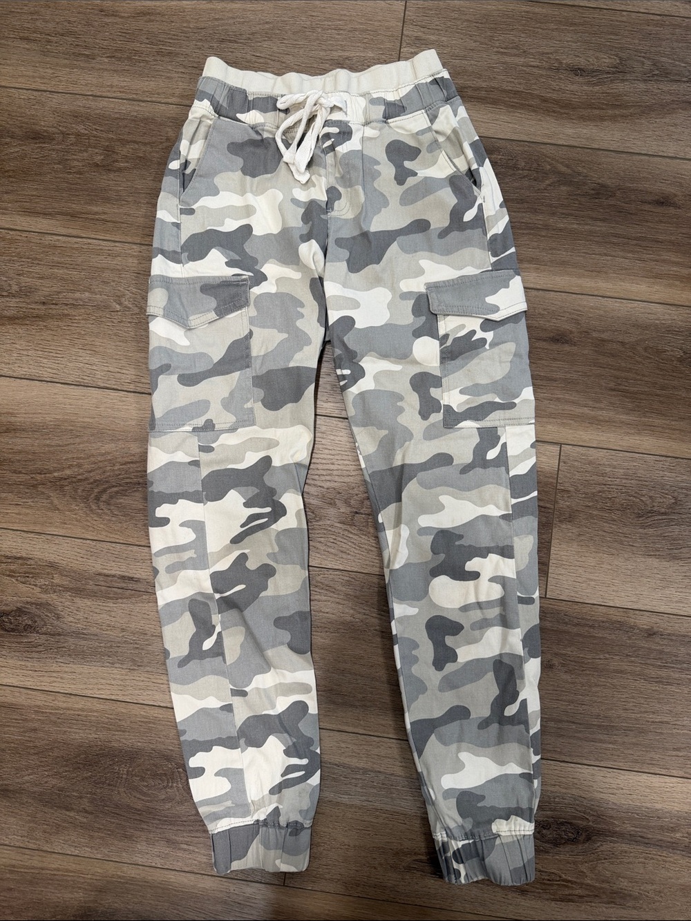 Women's Grey Camo Cargo Jogger Pants - Casual Elastic Waist